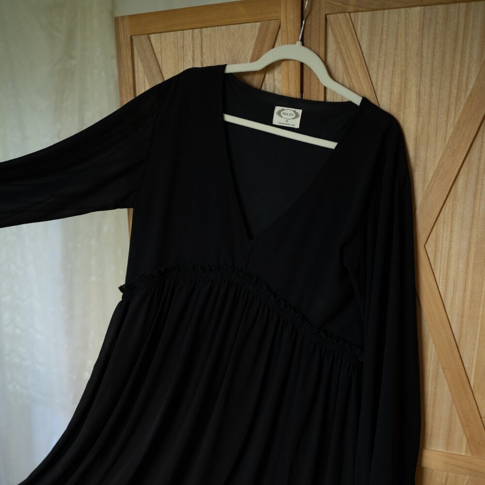 Joyfolie Long Sleeve V Neck Maxi Dress - Black